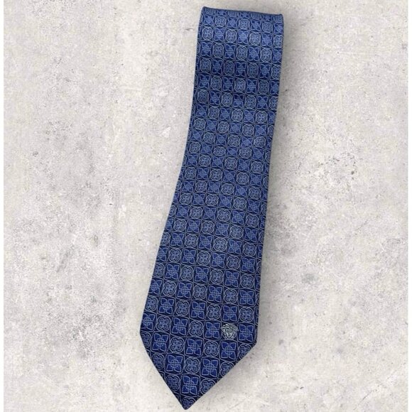 VERSACE Silk Tie ITALY XL Navy Silver Blue Geometric Medusa W:3.2" EUC - Picture 1 of 5